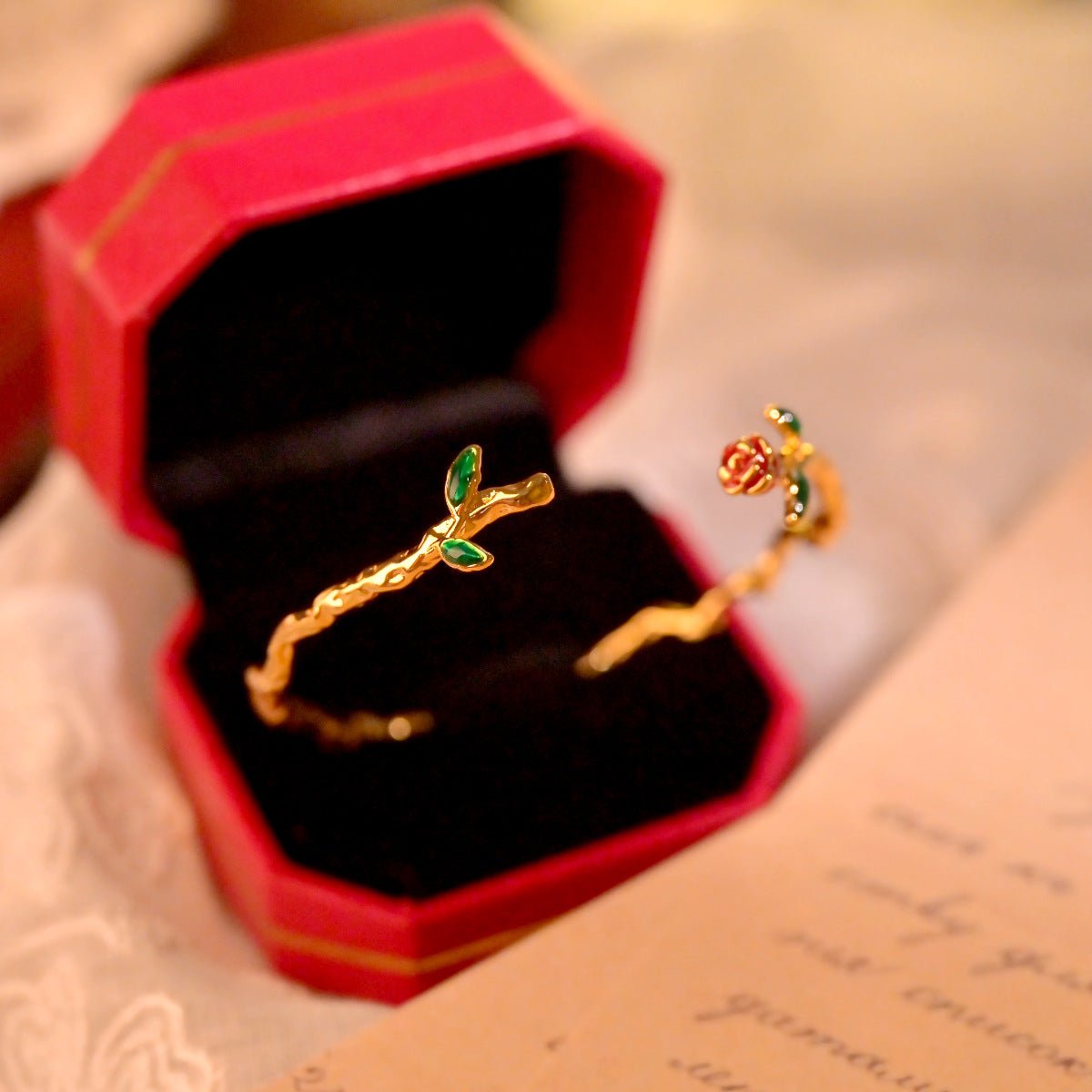 Inspired Gold Bracelet - Red Flower Accent - Spark Blossom Jewelry