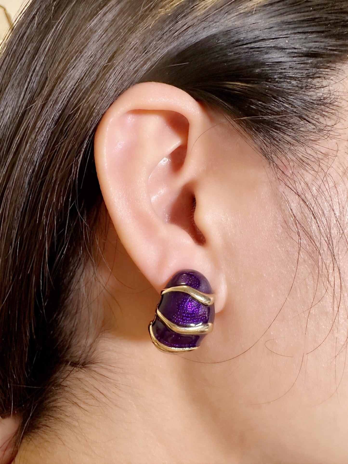 Modern Abstract Gold and Purple Enamel Earrings - Spark Blossom Jewelry