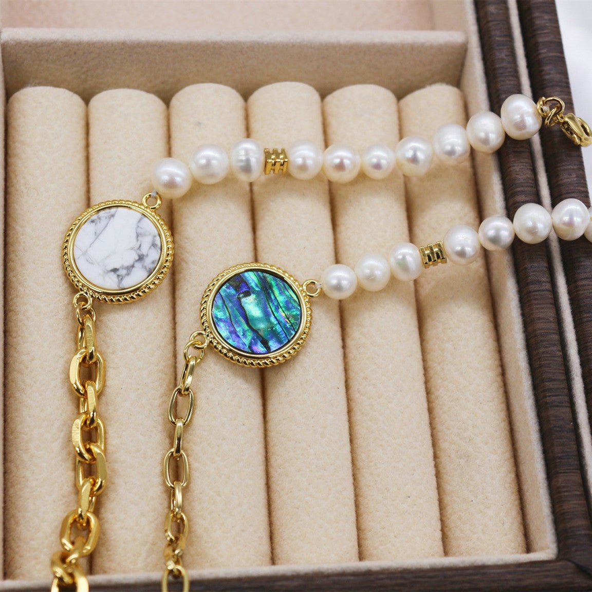 Pearl and Gold Chain Bracelet with Marble Pendant - Spark Blossom Jewelry