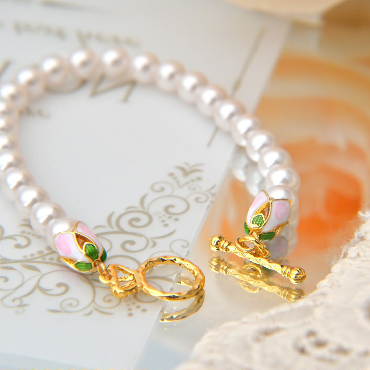Pearl Beaded Bracelet with Gold Floral Clasp - Spark Blossom Jewelry