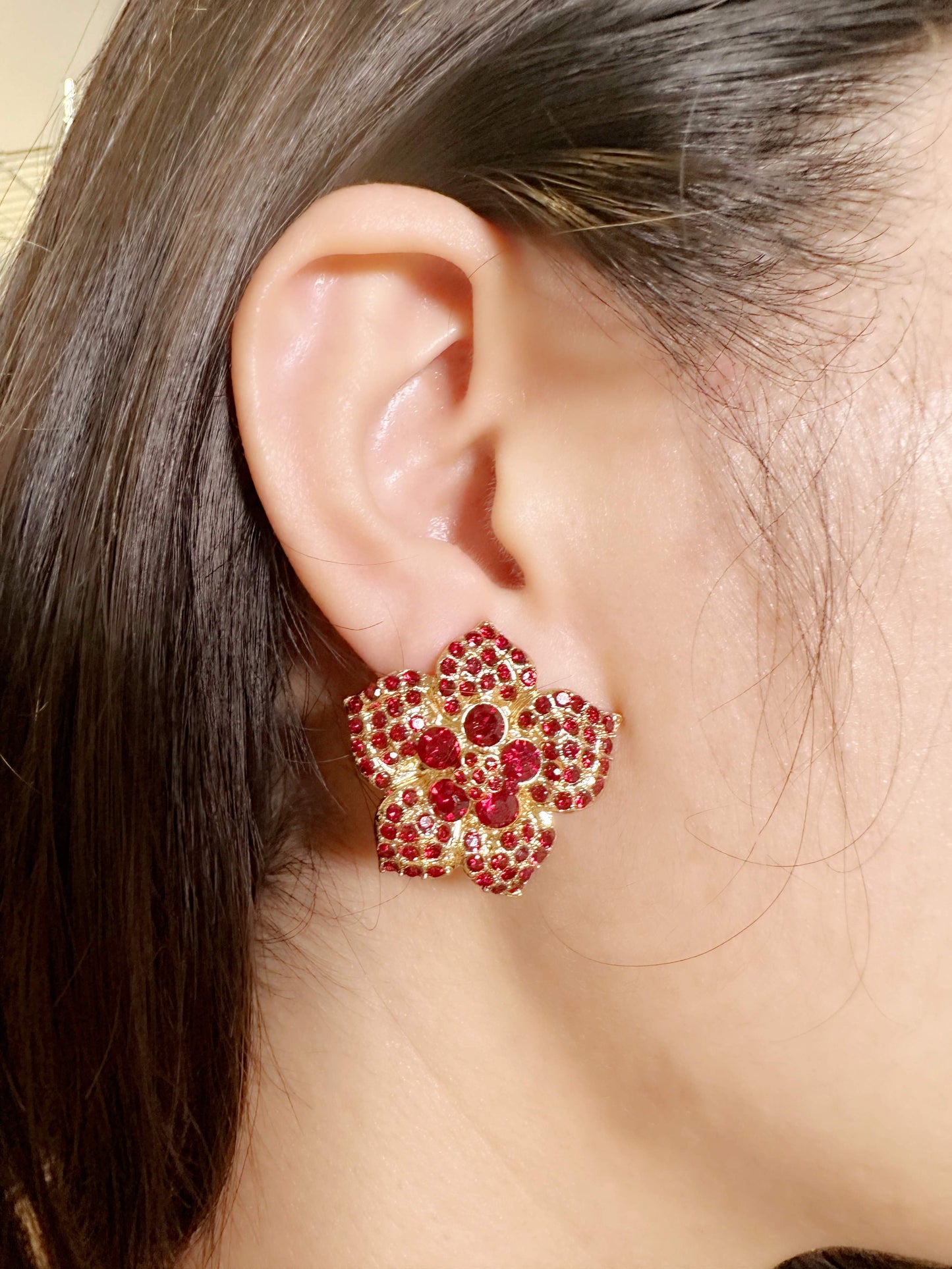 Radiant Ruby Floral Stud Earrings