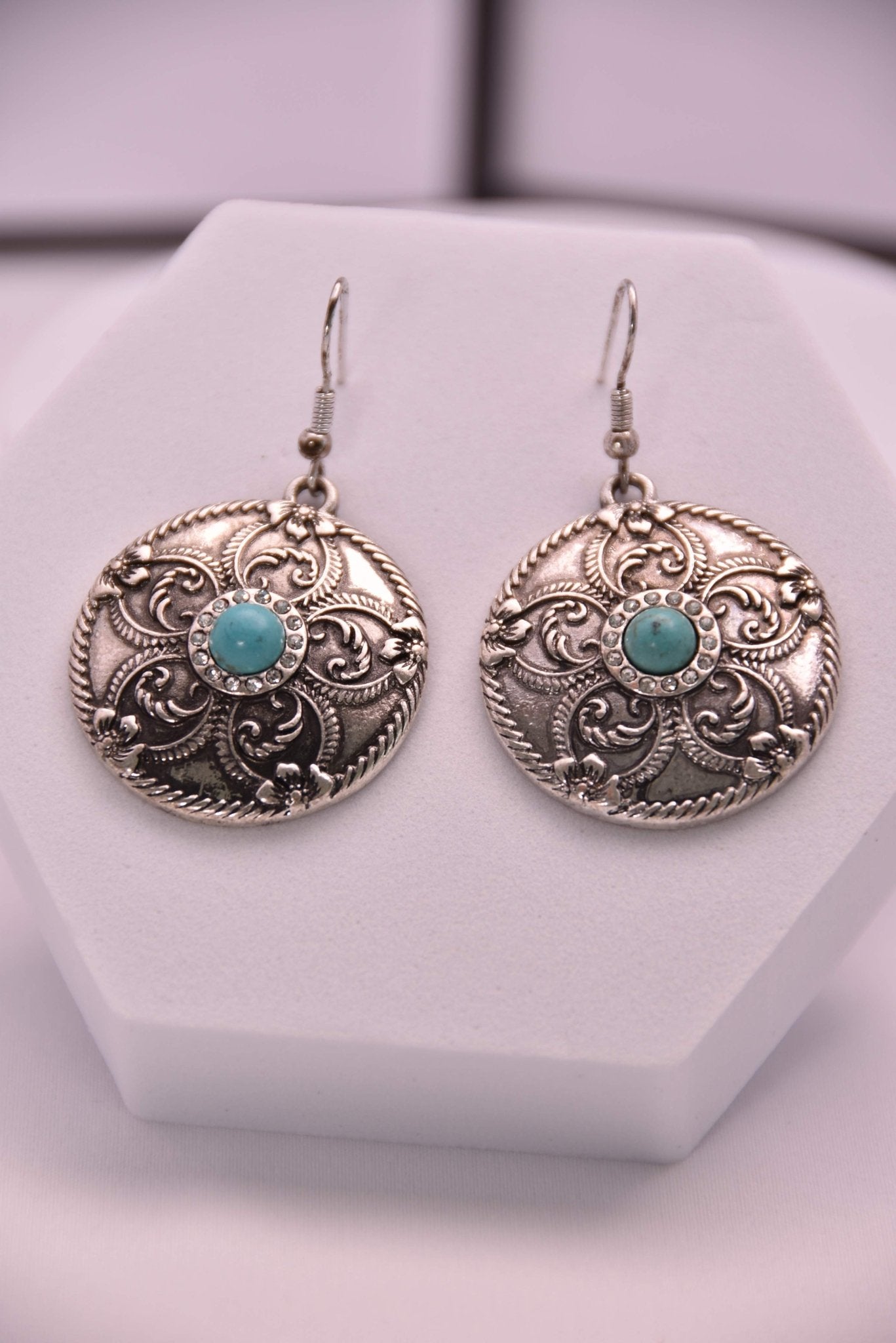 Antique Silver Earrings with Turquoise Accent - Spark Blossom Jewelry