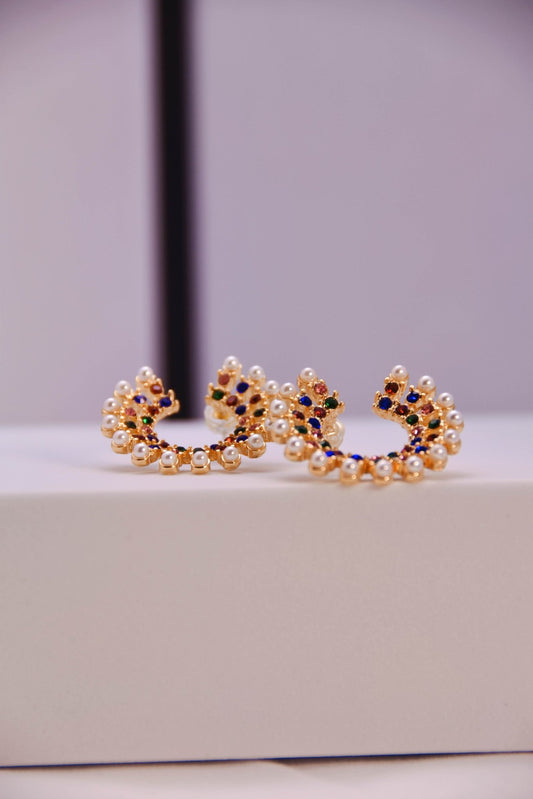 Elegant Colorful Rhinestone and Pearl Gold - Plated Earrings - Spark Blossom Jewelry