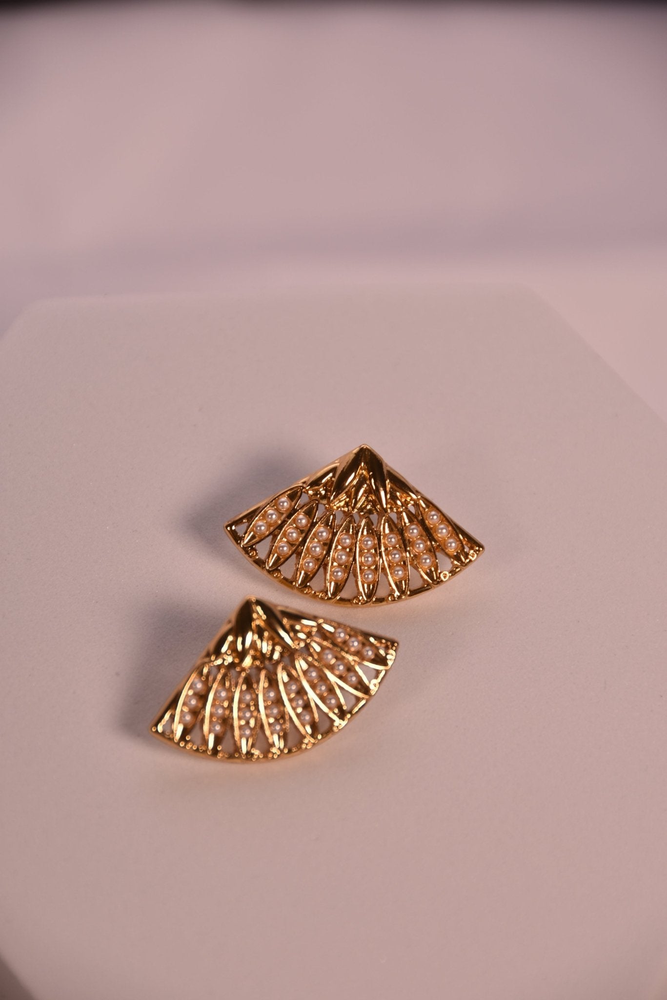 Gold - Plated Fan - Shaped Earrings with Pearl Accents - Spark Blossom Jewelry