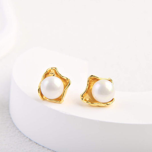 Gold - Plated Pearl Stud Earrings - Spark Blossom Jewelry