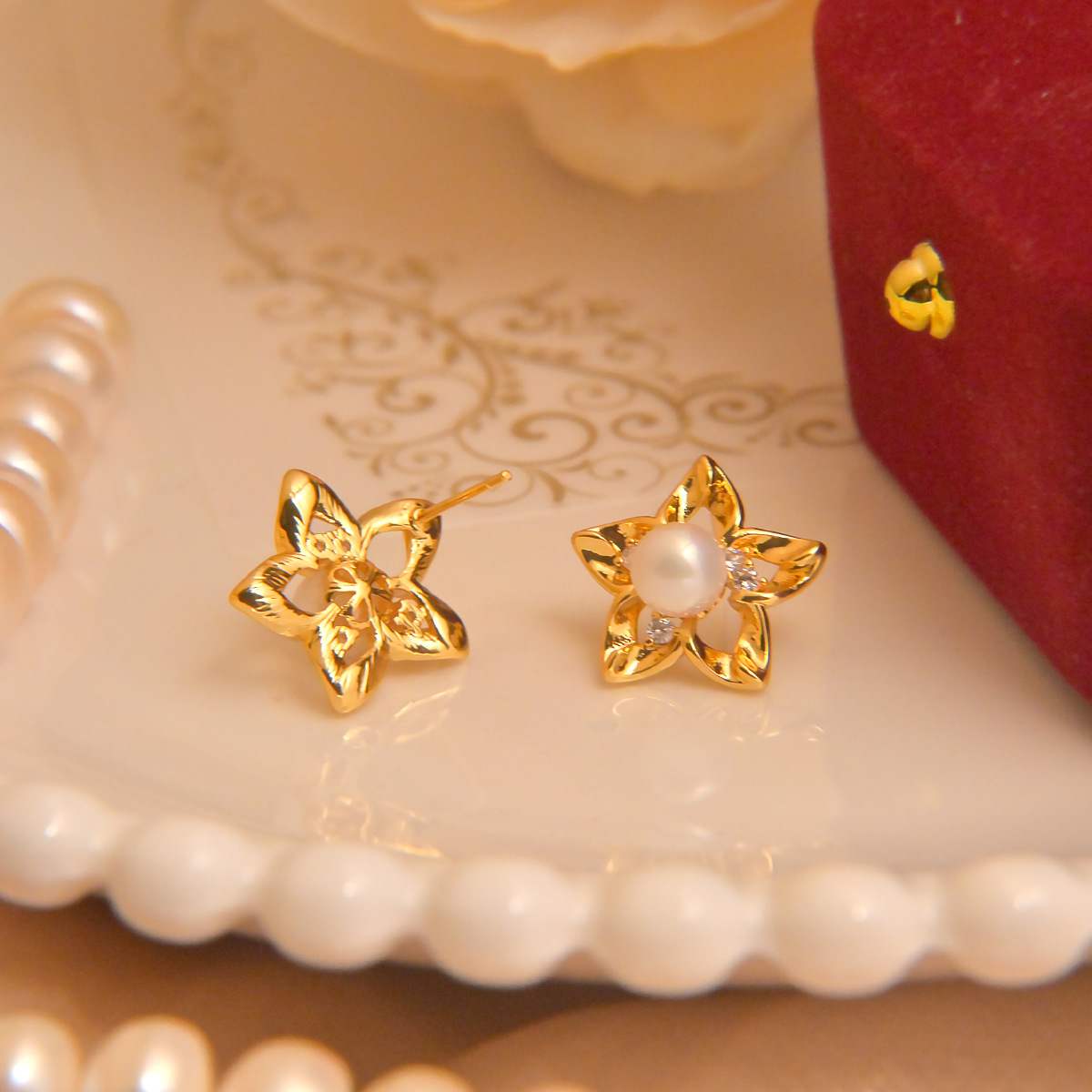 Gold Star Pearl Earrings - Spark Blossom Jewelry