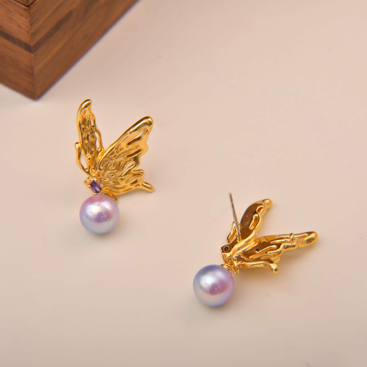 Golden Butterfly Wing Pearl Drop Earrings - Spark Blossom Jewelry