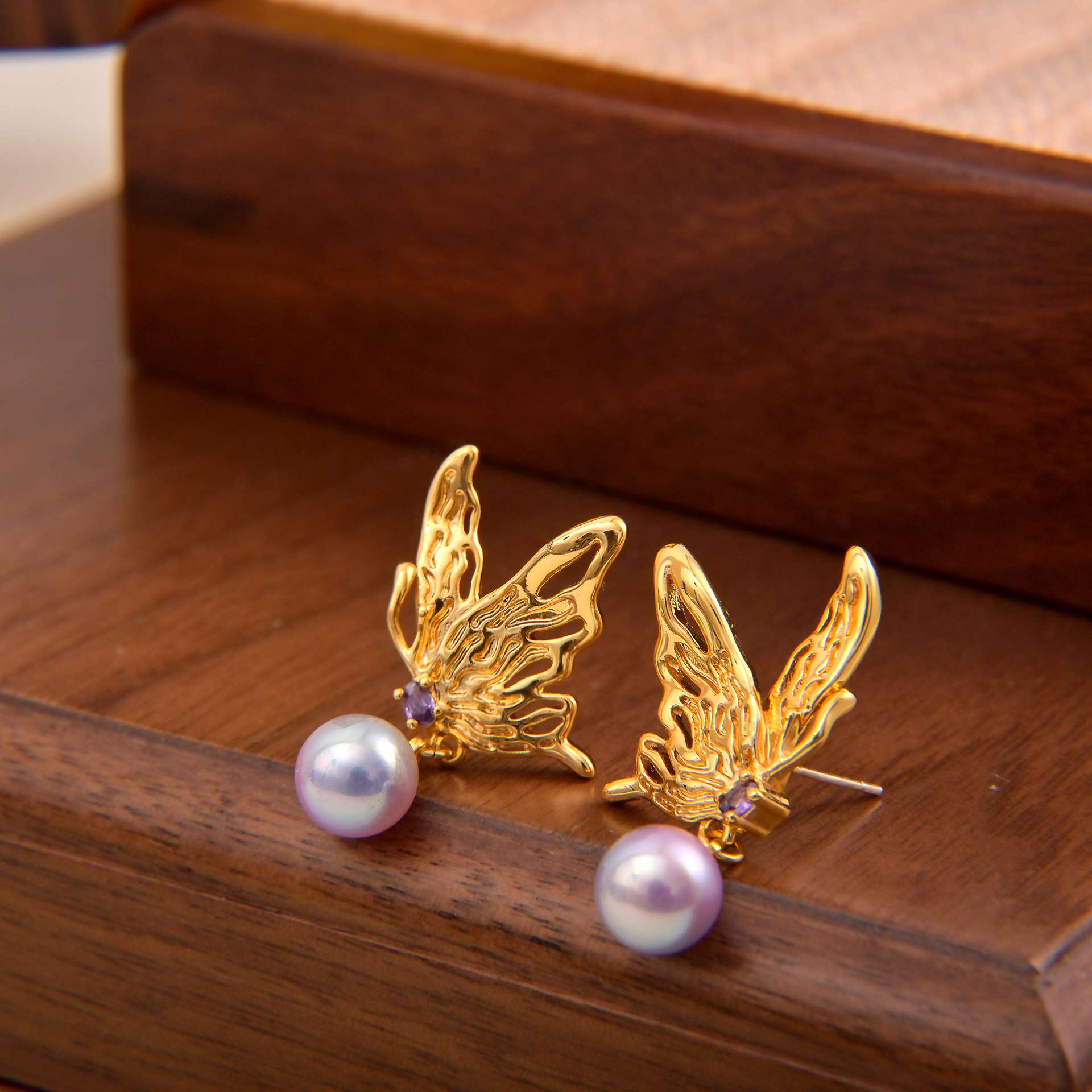 Golden Butterfly Wing Pearl Drop Earrings - Spark Blossom Jewelry