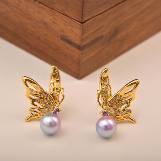 Golden Butterfly Wing Pearl Drop Earrings - Spark Blossom Jewelry