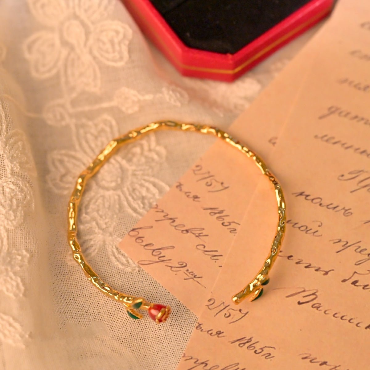 Inspired Gold Bracelet - Red Flower Accent - Spark Blossom Jewelry