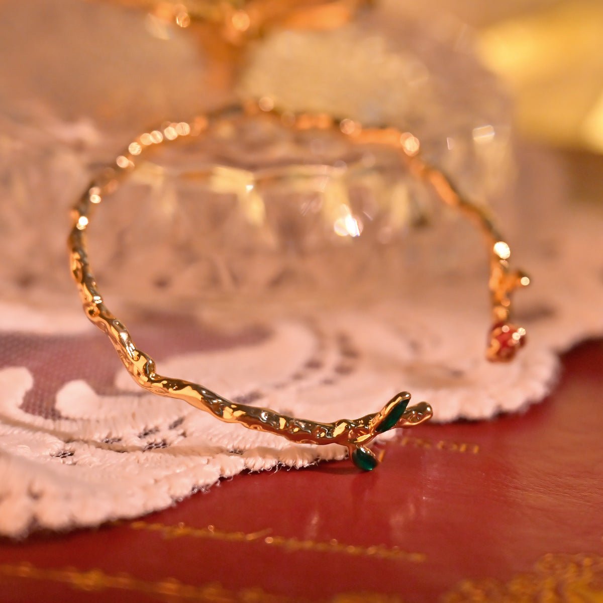 Inspired Gold Bracelet - Red Flower Accent - Spark Blossom Jewelry