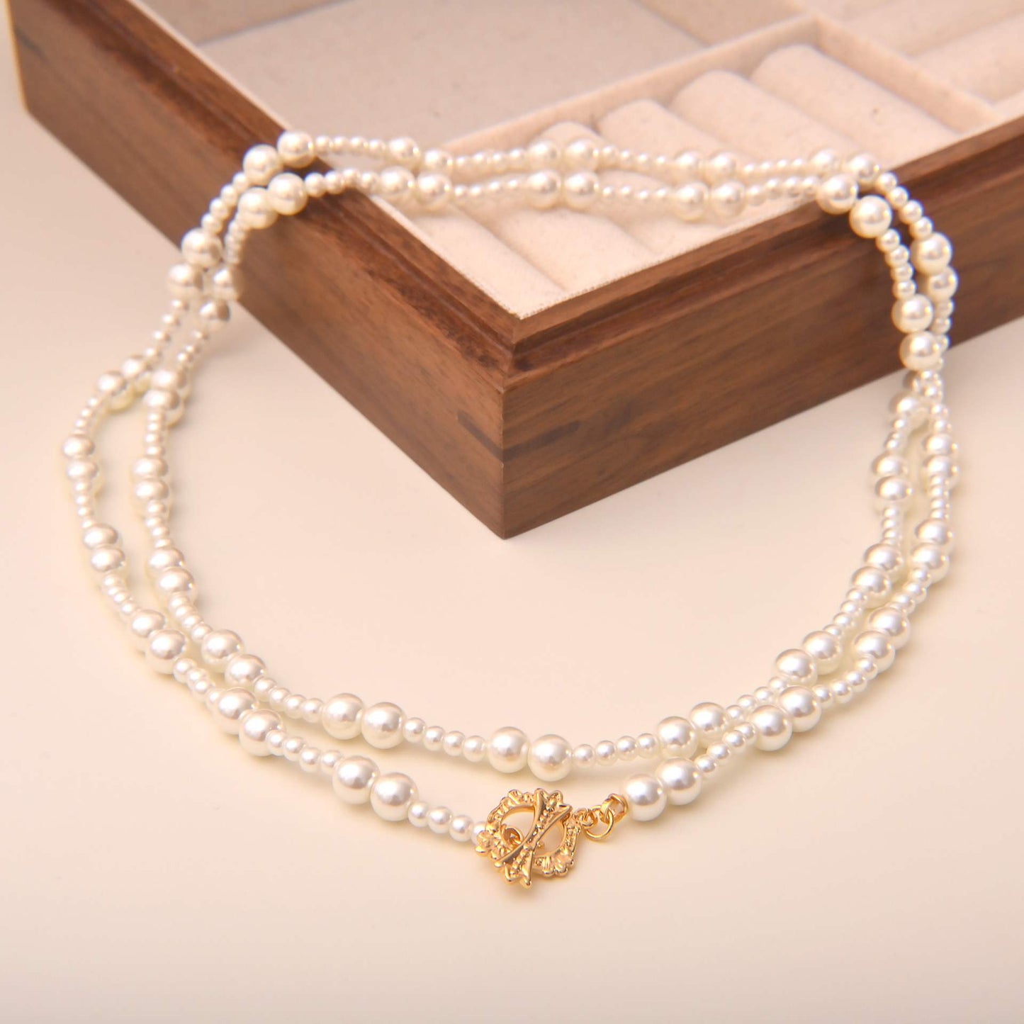 Multi - Strand Pearl Necklace with Gold Floral Clasp - Spark Blossom Jewelry