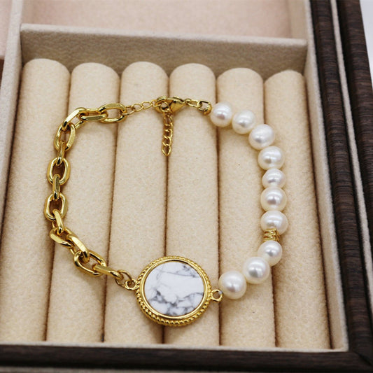 Pearl and Gold Chain Bracelet with Marble Pendant - Spark Blossom Jewelry