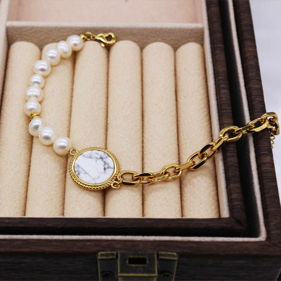 Pearl and Gold Chain Bracelet with Marble Pendant - Spark Blossom Jewelry