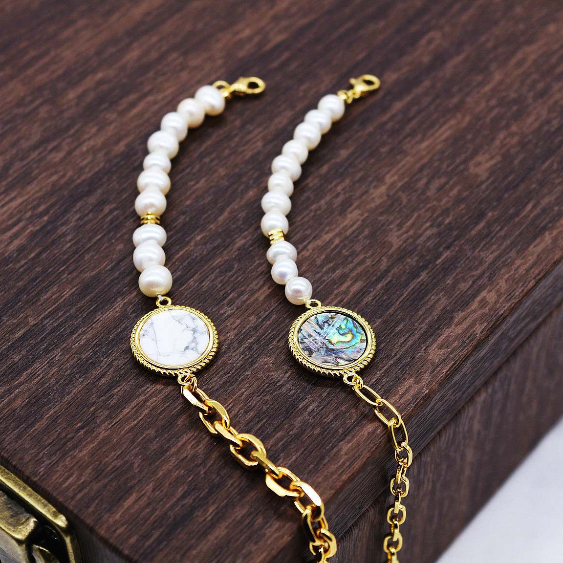 Pearl and Gold Chain Bracelet with Mother - of - Pearl Pendant - Spark Blossom Jewelry