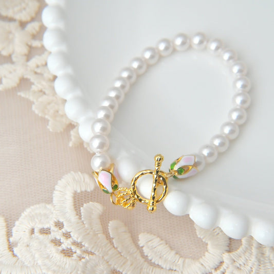 Pearl Beaded Bracelet with Gold Floral Clasp - Spark Blossom Jewelry