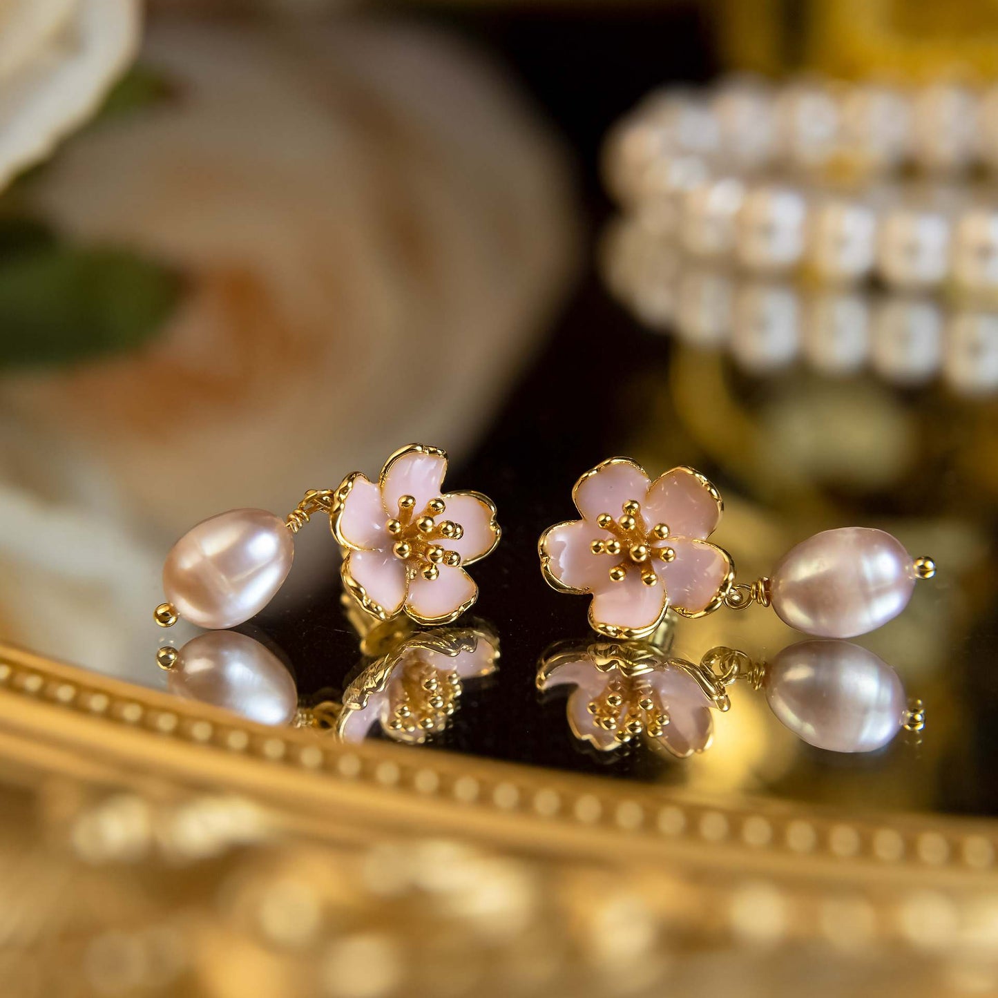 Pink Flower Pearl Earrings - Spark Blossom Jewelry