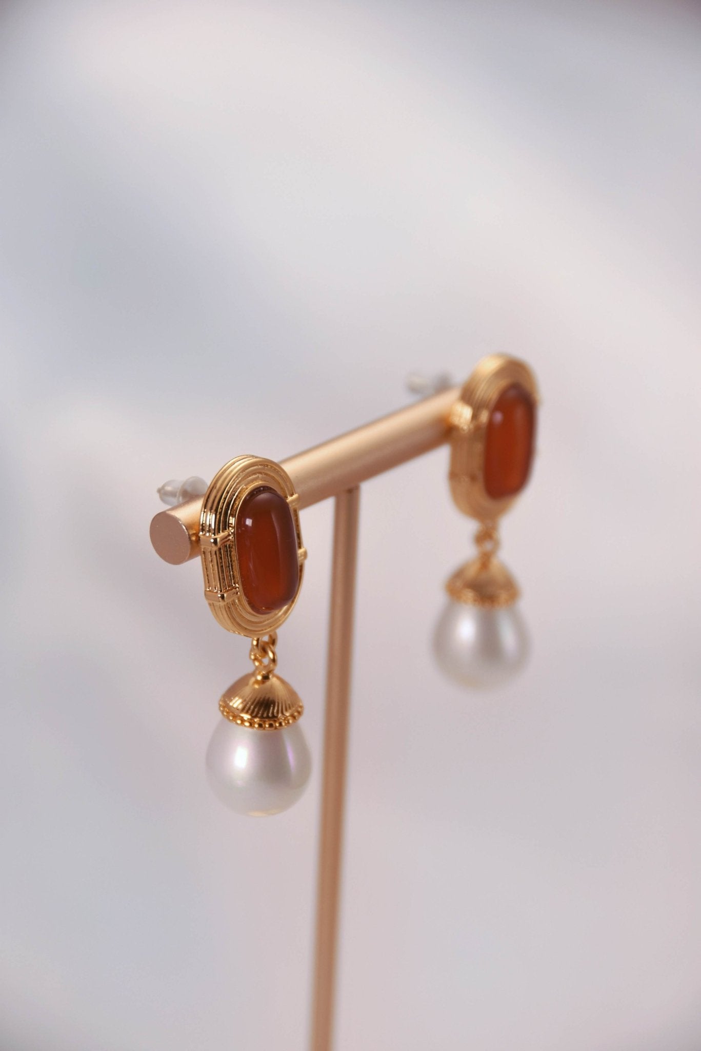 Vintage Elegance Red Agate and Pearl Drop Earrings - Spark Blossom Jewelry