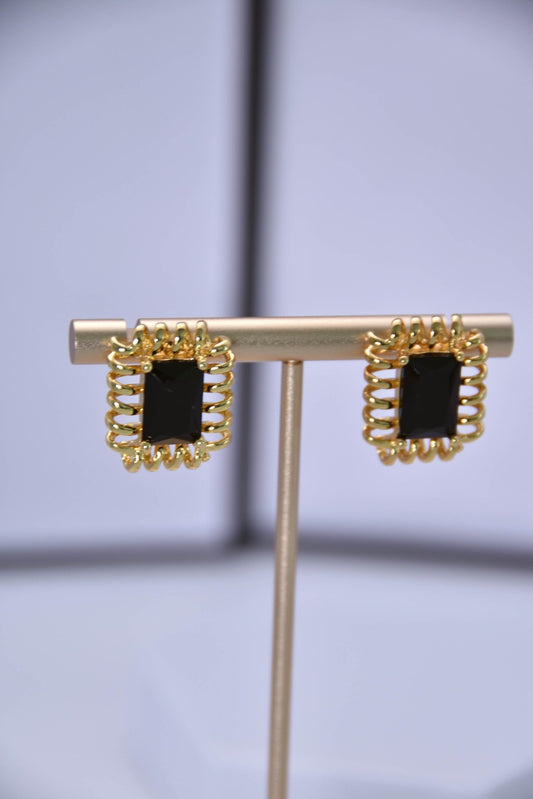 Vintage Gold Black Gemstone Stud Earrings - Spark Blossom Jewelry