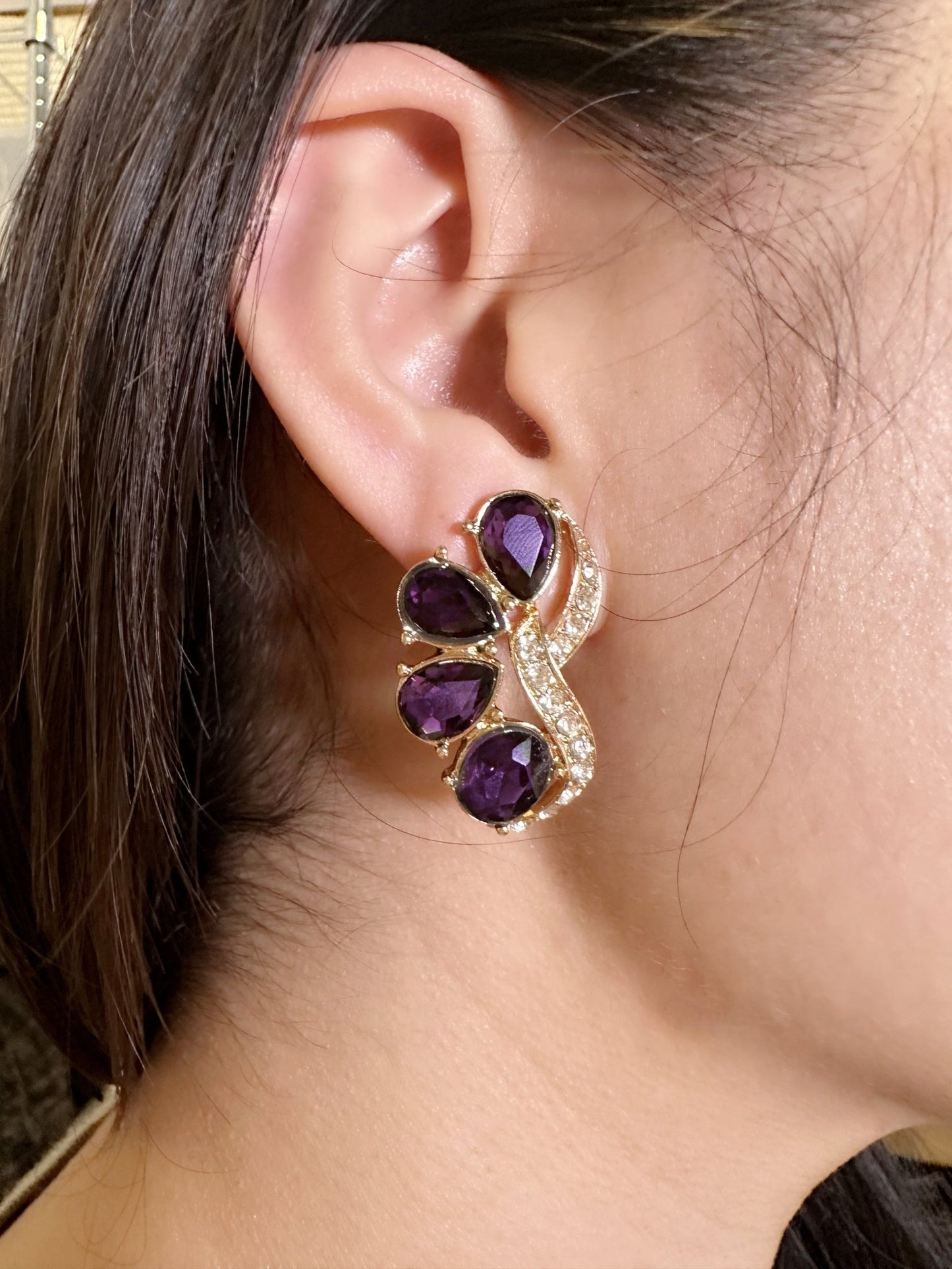 Vintage Gold - Plated Purple Gemstone Earrings - Spark Blossom Jewelry