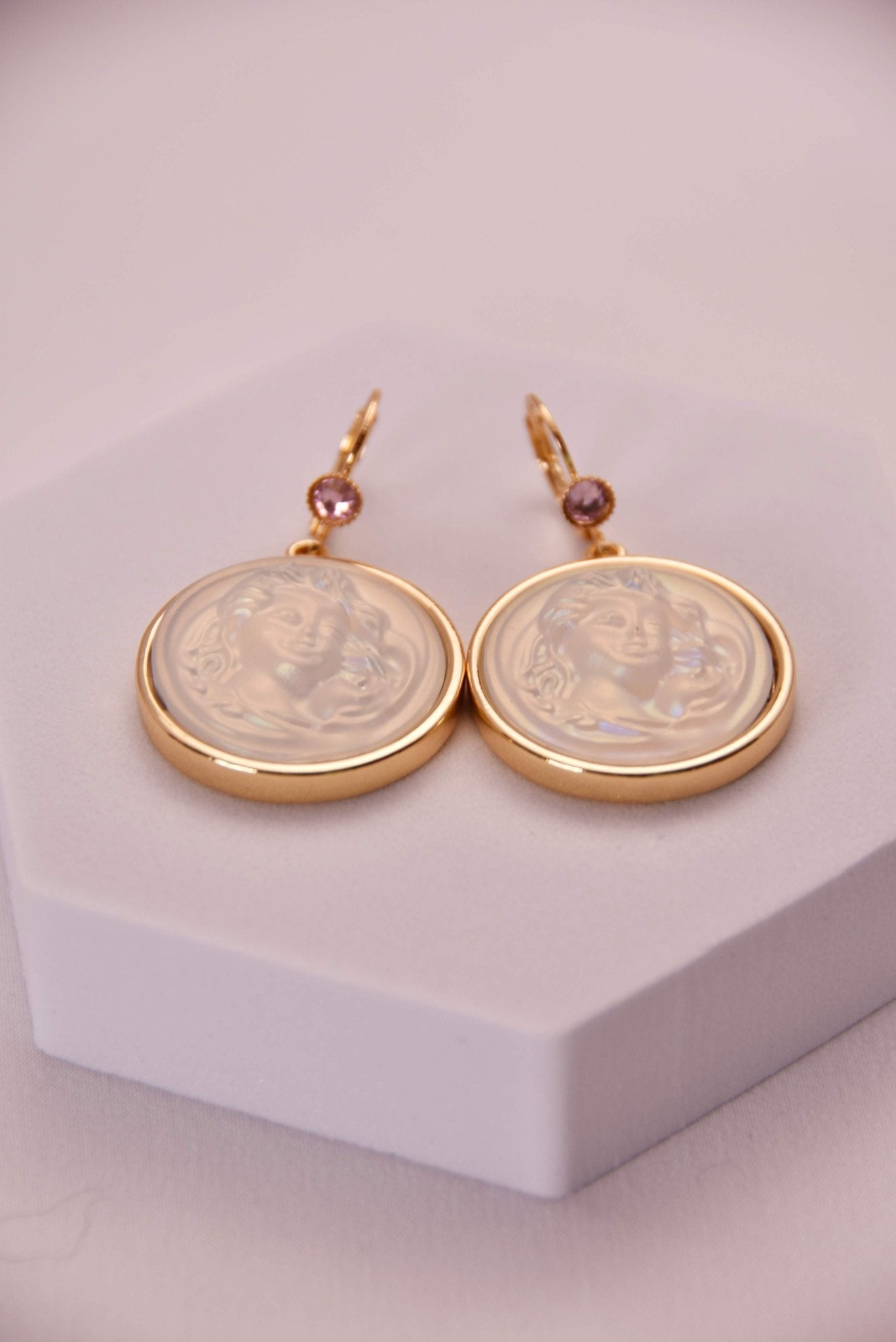 Vintage Gold - Plated Resin Cameo Drop Earrings - Spark Blossom Jewelry