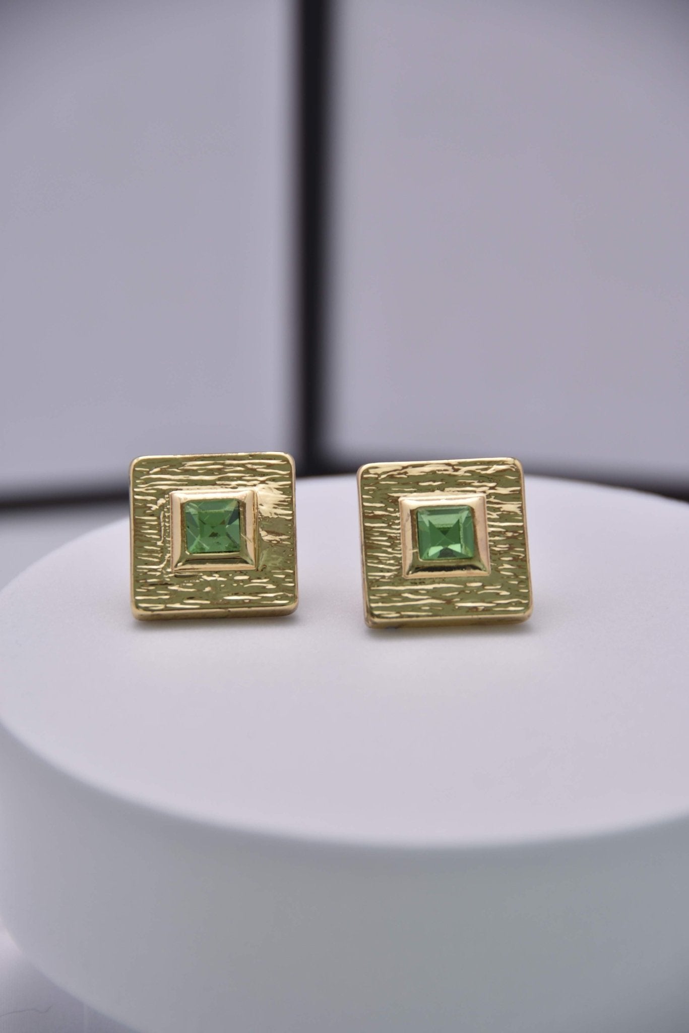 Vintage Gold Square Green Gemstone Stud Earrings - Spark Blossom Jewelry