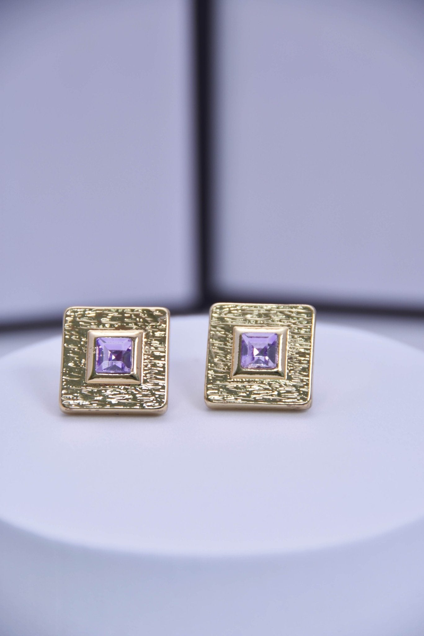 Vintage Gold Square Purple Gemstone Stud Earrings - Spark Blossom Jewelry