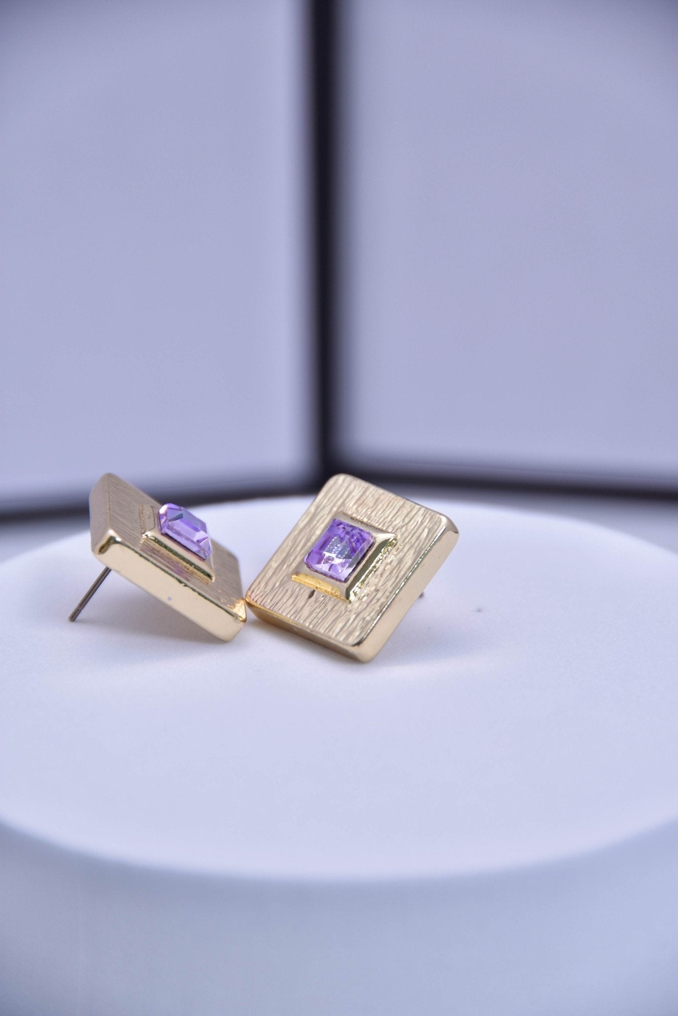 Vintage Gold Square Purple Gemstone Stud Earrings - Spark Blossom Jewelry