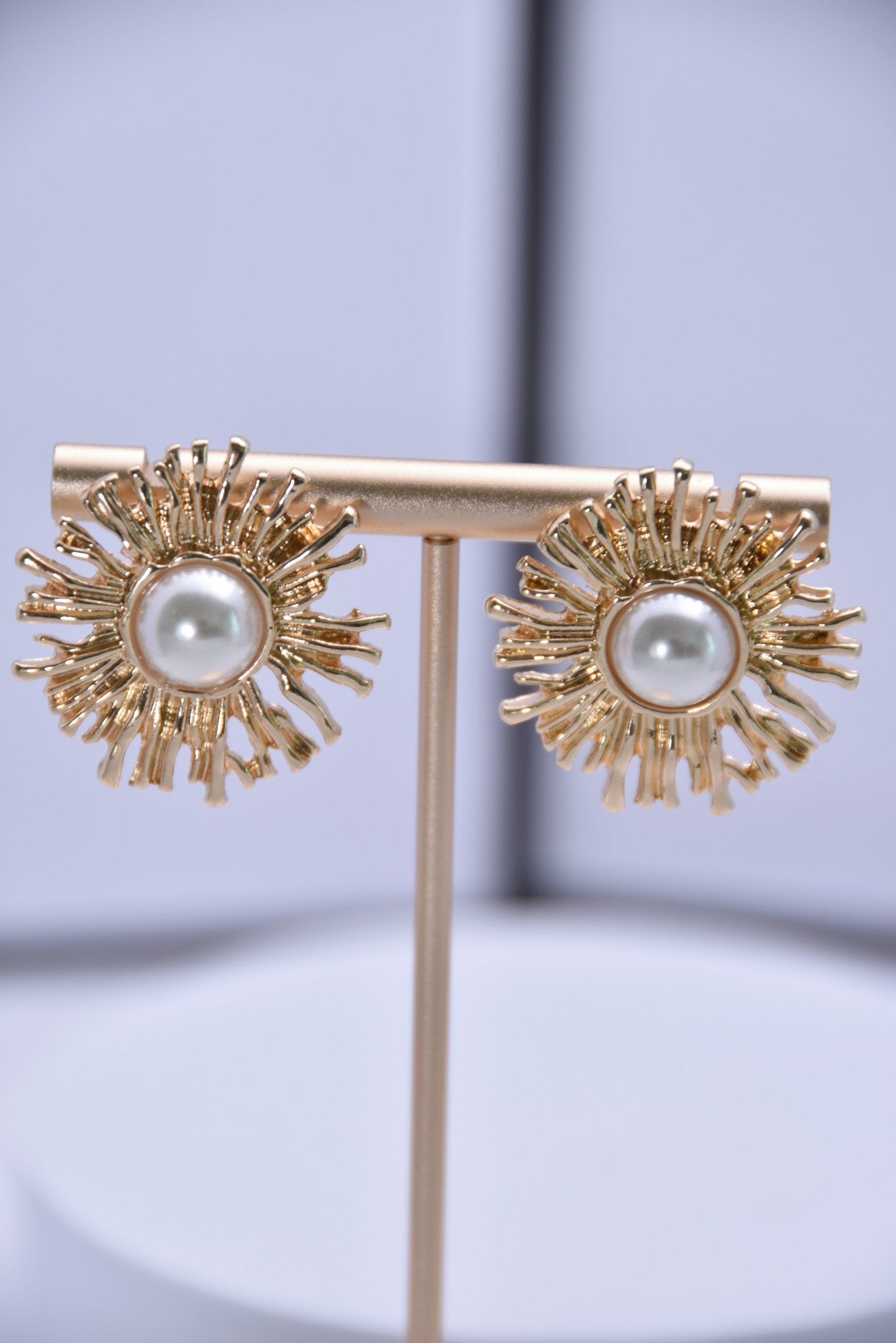 Vintage Gold Sunburst Pearl Stud Earrings - Spark Blossom Jewelry