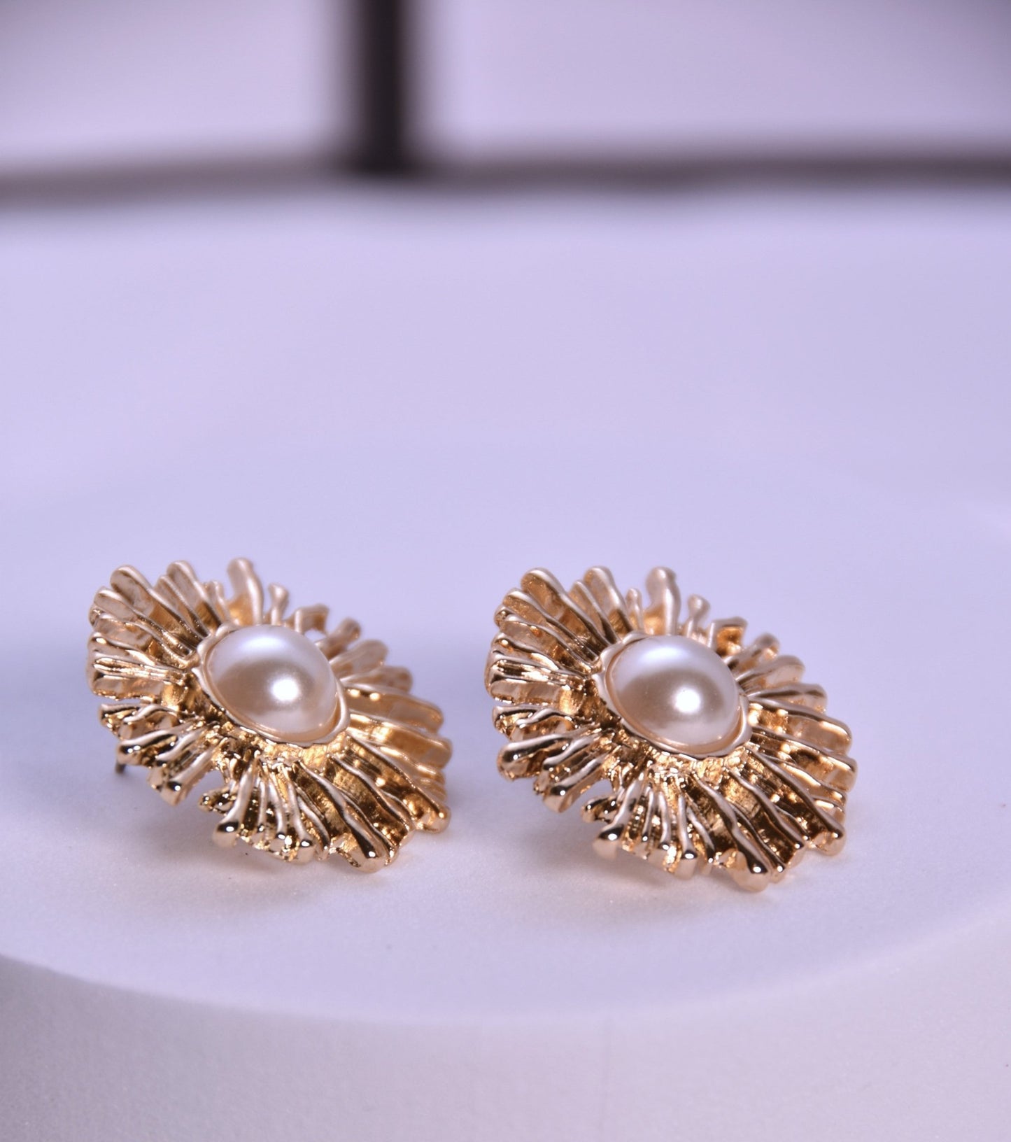 Vintage Gold Sunburst Pearl Stud Earrings - Spark Blossom Jewelry